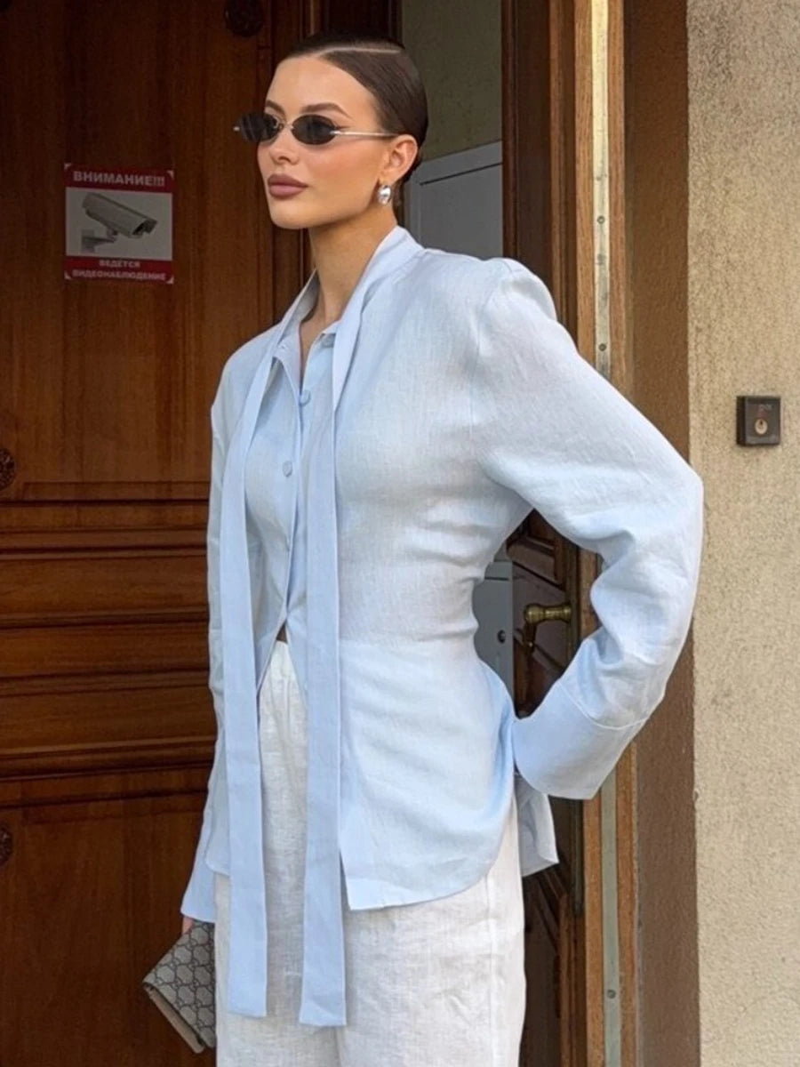100% Cotton Shirts for Women New Spring Tie Belted Shirt Women's Floating Ribbon Tops  Shirts Commuting Slim Waist Blouse