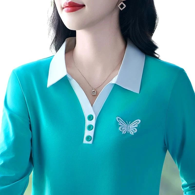 Elegant Embroidered Long Sleeve  Shirt for Women Collared Base Layer Top Anti-Aging Spring Autumn Wear Polyester Fiber