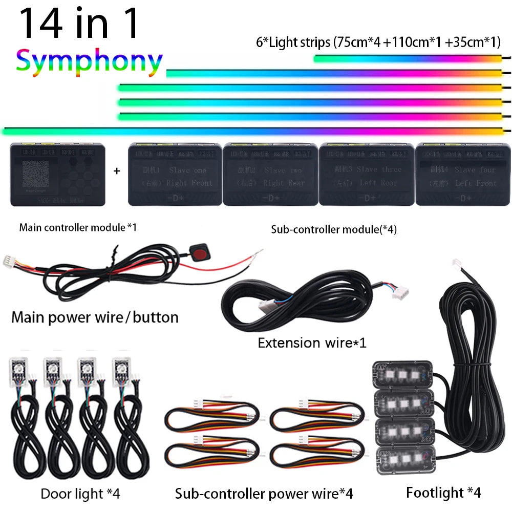 18 in 1 Dual Zone Symphony LED Car Ambient Lights RGB 64 Colors Interior Rainbow Acrylic Strip Neon Atmosphere Lighting Kit App