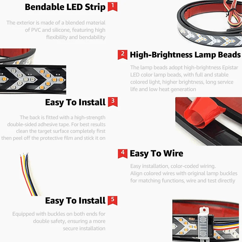 12 24V Car Truck LED Tailgate Light Strip Dynamic Flowing Arrow Tail Light LED Strip Brake Light Turn Signal Warning Lamp