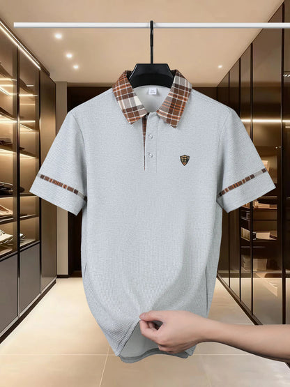 Luxury brand polo shirt summer short sleeved shield printed men's new striped lapel casual comfortable breathable T-shirt top