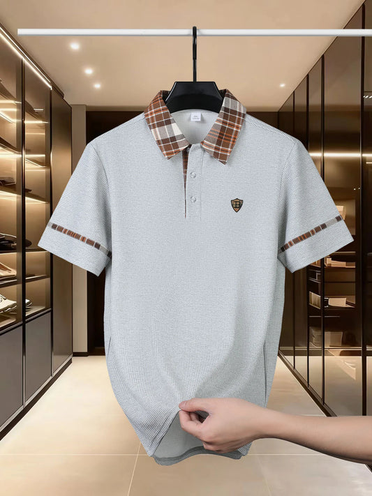 Luxury brand polo shirt summer short sleeved shield printed men's new striped lapel casual comfortable breathable T-shirt top