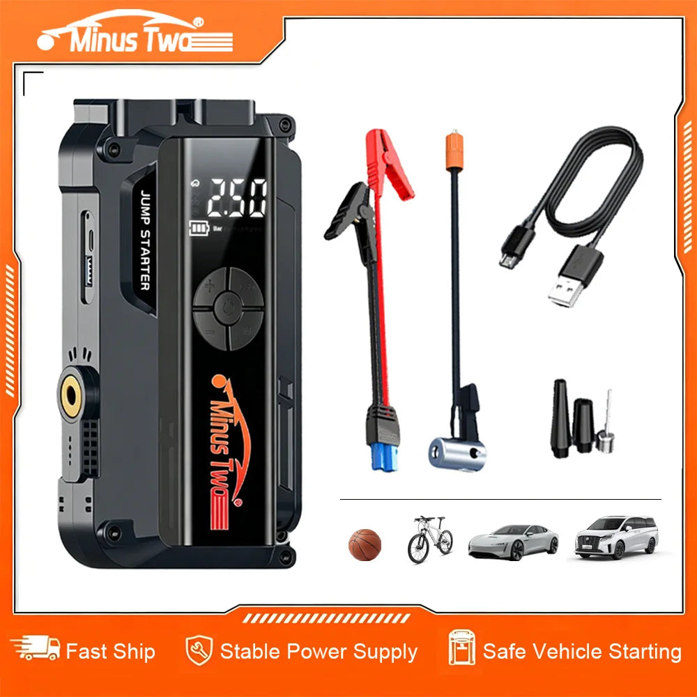 Car Jump Starter with Air Compressor Peak 2000A Auto Battery Booster 150PSI Air Pump Portable Power Bank Tire Inflator Lighting