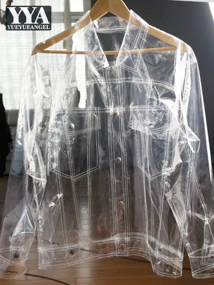 Runway Personality Coats Performance Costume Mens Transparent Jacket  Single Breasted Long Sleeve Fashion Streetwear Outerwear