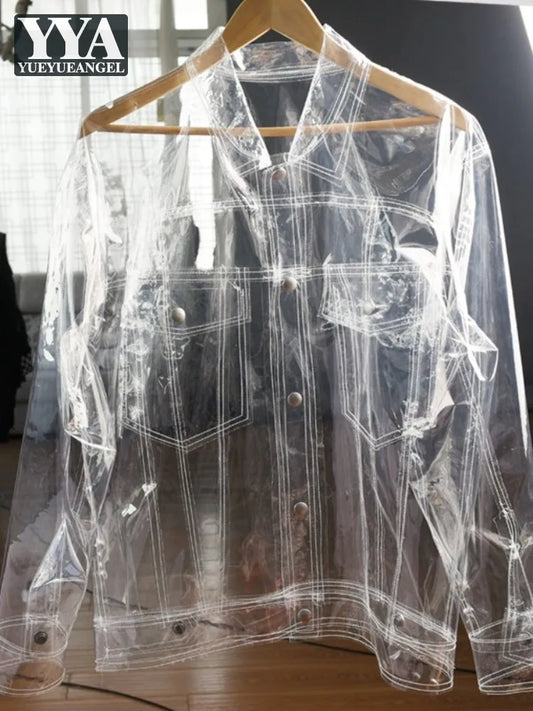 Runway Personality Coats Performance Costume Mens Transparent Jacket  Single Breasted Long Sleeve Fashion Streetwear Outerwear