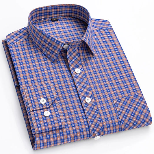 The New Men's Long-Sleeved Shirt Is Cool and Casual. It's a Thin, All-Cotton, Streetwear Checkered Style for Spring and Summer