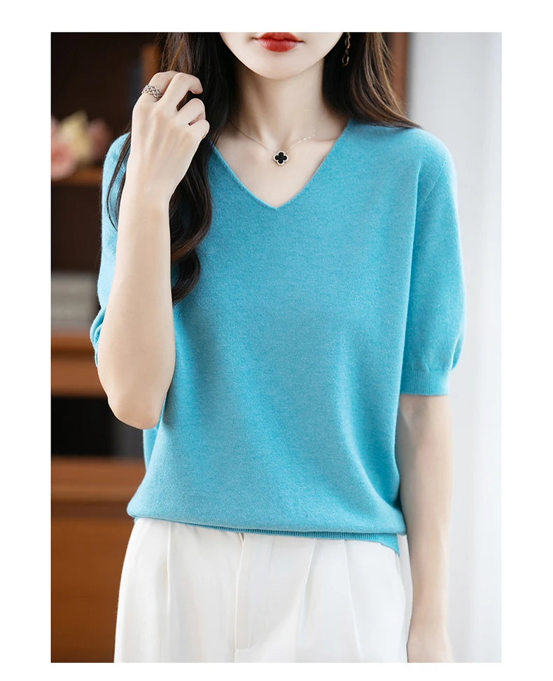 Thin Worsted Wool Short-Sleeved Women's Loose Round Neck T-shirt Printed Summer Fashion Knitted Bottoming Shirt Half-Sleeved