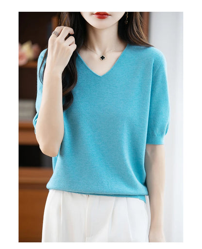 Thin Worsted Wool Short-Sleeved Women's Loose Round Neck T-shirt Printed Summer Fashion Knitted Bottoming Shirt Half-Sleeved