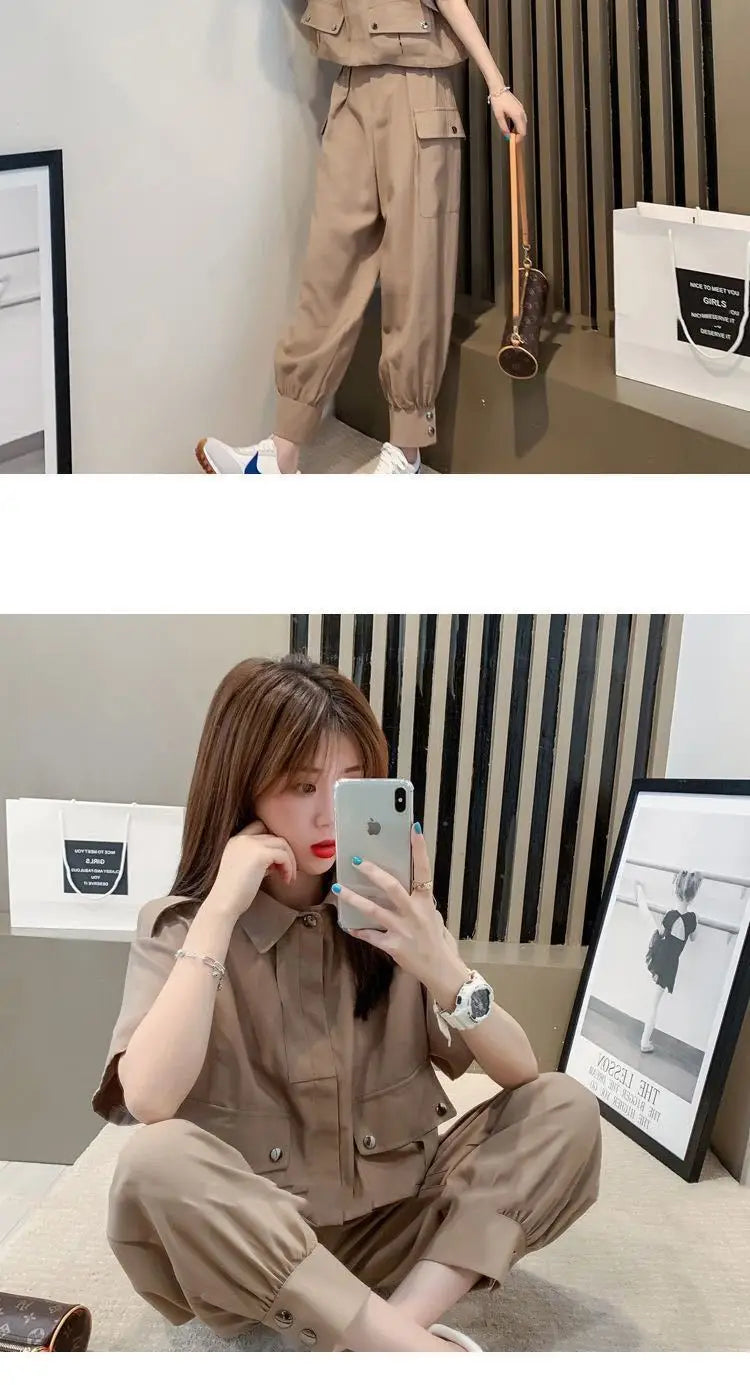 Fashionable Youthful Workwear Career Two-Piece Set Summer New Light Maturity Hepburn Style Quality Polyester Fiber Long Pants
