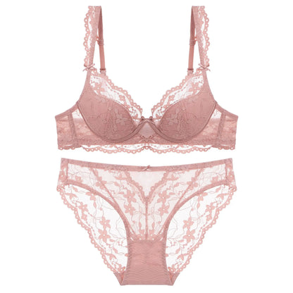 New Women Lace Flowers Embroidery Lingerie Set Sexy Hollow Thin Cup Push Up Bra Summer Comfort Underwear Adjustable Strap Bras
