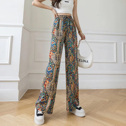Summer Casual Loose Wide Leg Pants Women's Tie Dye Ink Ice Silk Loose Leopard Print Ethnic Style Long Pants Casual Trousers