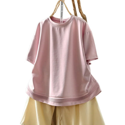 Pink Short-sleeve Women Top 2026 Stylish Summer New Design Pleated Hem Loose T-shirt ZF2158
