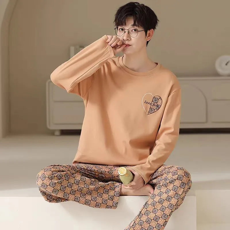 Men‘s Pajama Set Long Sleeve Black Striped Fall and Winter Youth Student Nightwear Loungewear Two Piece Set Sleepwear Homewear