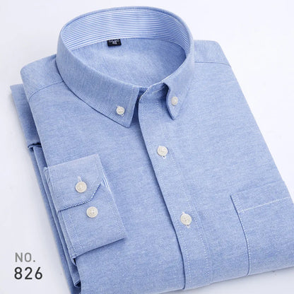 Mens Striped Plaid Oxford Spinning Casual Long Sleeve Shirt Comfortable Breathable Collar Button Design Slim Male Business Dress