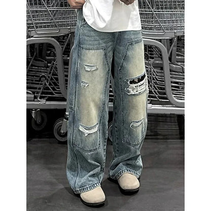Men's Jeans Man Pants Heavy Duty Washed Multi Pocket Carpenter Style Straight Loose Denim Trousers Casual Fit High Street