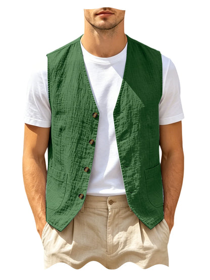 Men's Casual Linen Vest V-Neck Sleeveless Waistcoat Summer Lightweight Breathable Solid Color Button Up Vest For Daily Vacation