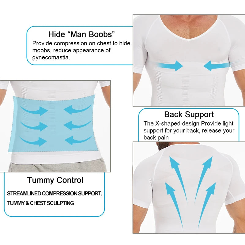 Men V-Neck Compression Shapewear Shirt Tummy Control Slim Body Shaper Short Sleeve Undershirt