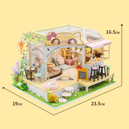 Mini DIY Wooden Doll House Cat Cafe House Making Room Toys Home Bedroom Decoration With Furniture Toy For Xmas Gifts Dollhouses