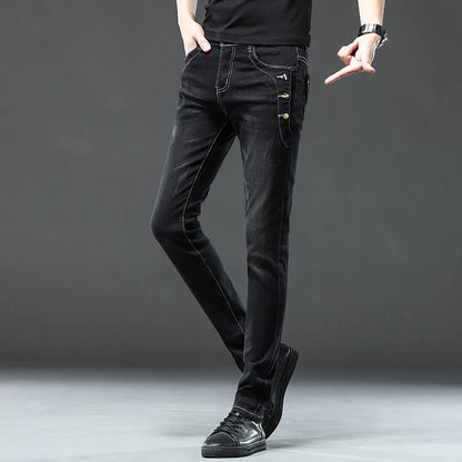 New Men Slim Korean Button Jeans Black Skinny Solid Color Stretch Multi-button Youth Male Denim Pants Streetwear