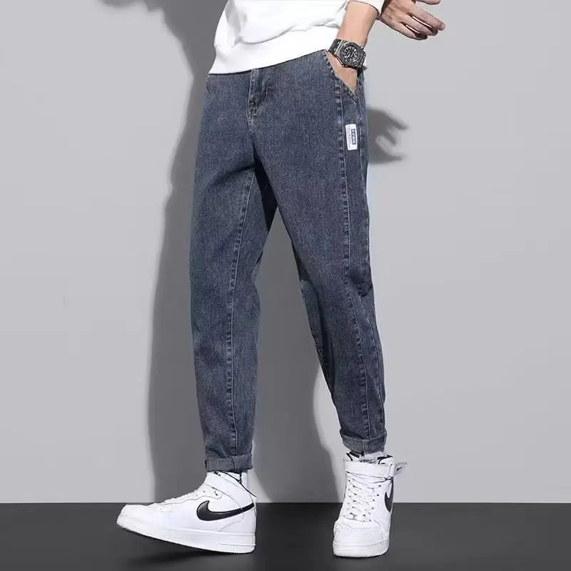 Men Autumn Winter Baggy Straight Leg Casual Jeans Trend Male High Waist Harem Pants Classic Simplicity Blue Black Gray Trousers