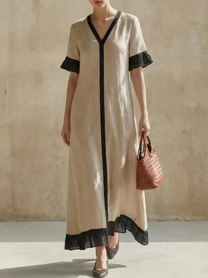 Summer Women Color Block V-Neck Short Sleeve Dress Loose Fit Long Maxi Dress Elegant Casual Beach Outfit