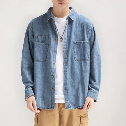 Denim Shirt Men's Long Sleeve Spring and Autumn Boys Japanese Retro Ruffian Handsome Tooling Shirt Gown Casual Jacket Men