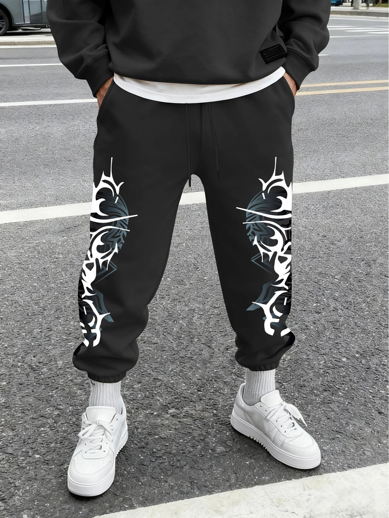 Men's Gothic Double Side Thorn Tribal Abstract Print Sweatpants Elastic Waist Soft Fabric Dark Punk Street Hip Hop Joggers