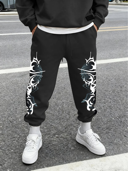 Men's Gothic Double Side Thorn Tribal Abstract Print Sweatpants Elastic Waist Soft Fabric Dark Punk Street Hip Hop Joggers