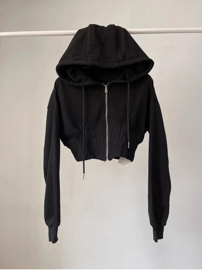 Spicy Girl Retro  Color Hoodie Women's Ultra-Short Waist-Cinching Belly-Baring Long-Sleeve Open Cardigan Top Coat