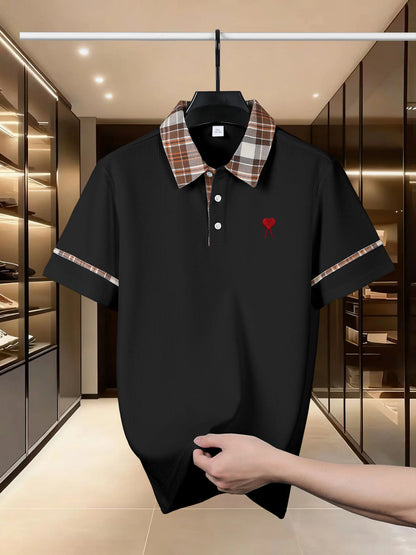 High end brand polo shirt top heart embroidery 2026 summer men's short sleeved casual and comfortable cool striped lapel T-shirt
