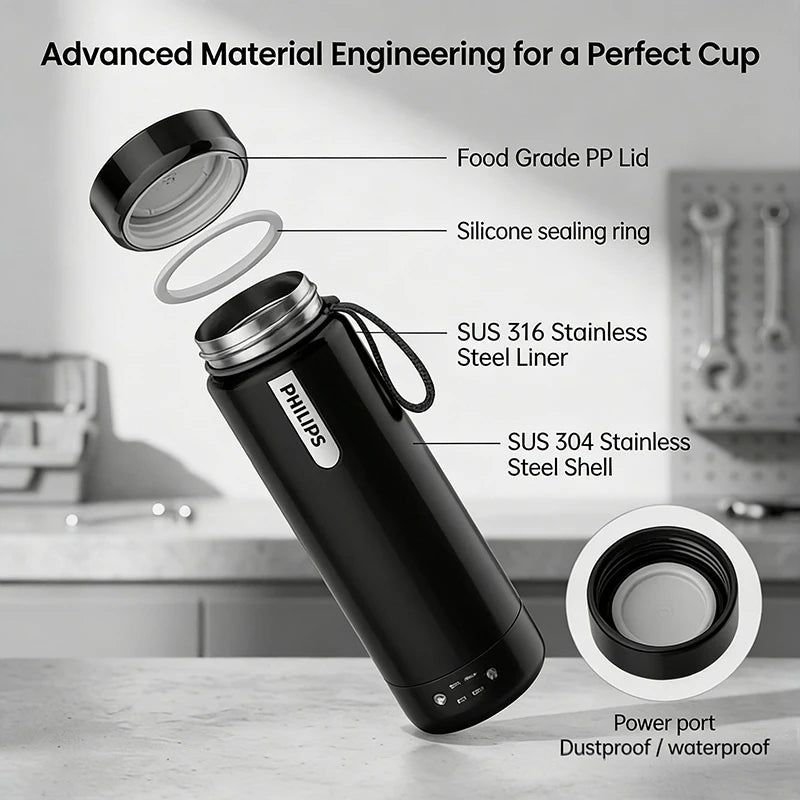 Philips 2-in-1 Electric Kettle & Vacuum Insulated Cup 350mL 4 Temp Settings SUS316 Stainless Steel Portable Travel Water Boiler