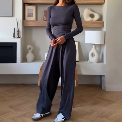 Women's Fashionable round Neck Long Sleeve Elastic Waist Pants Set Casual Style Two-Piece Suit Autumn Collection Trendy Outfit