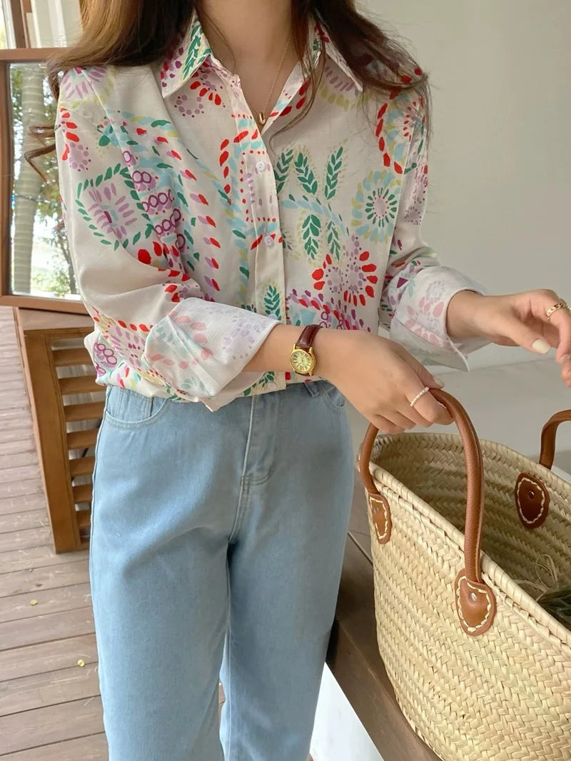 Chic Women's Shirt Vintage Gentle Loose Design Sensation Elegance Korean Style Long Sleeve  Collar Print Casual Fashion