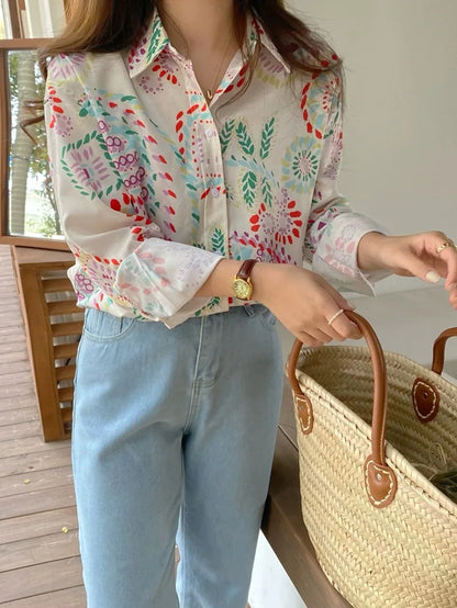 Chic Women's Shirt Vintage Gentle Loose Design Sensation Elegance Korean Style Long Sleeve  Collar Print Casual Fashion