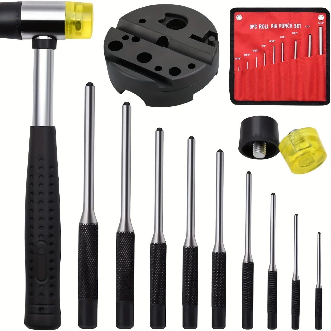 Roll Pin Punch Set With Storage Pouch Smithing Punch Removing Repair Tools With Bench Block Pin Punches And Hammer