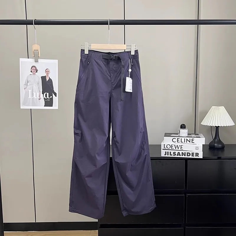 Lightweight Breathable Quick-Dry Paratrooper Pants Women's Casual Loose Fit Sunscreen Waist Cord Trousers Korean Style High W...
