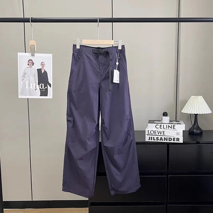 Lightweight Breathable Quick-Dry Paratrooper Pants Women's Casual Loose Fit Sunscreen Waist Cord Trousers Korean Style High W...