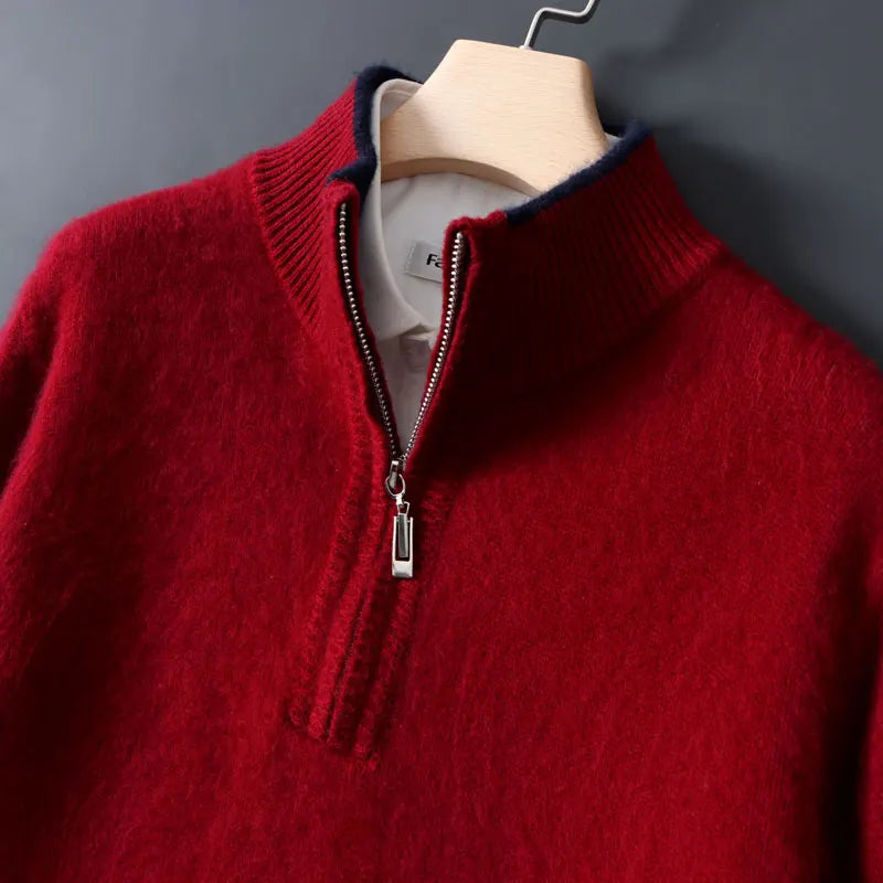 Half-high zipper cashmere sweater men's color-blocking thickened sweater loose business casual 100% pure cashmere knitted