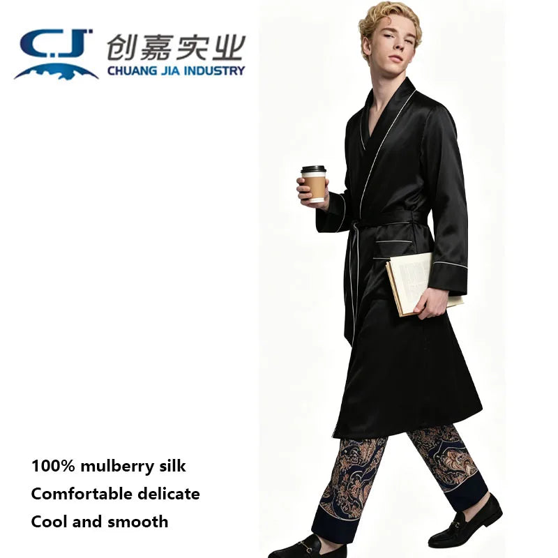 100% Natural Silk Men's Long Nightgown Navy Blue Casual Lounging Dress Comfortable Loose Size 5XL Weight 150KG Pajamas Cool