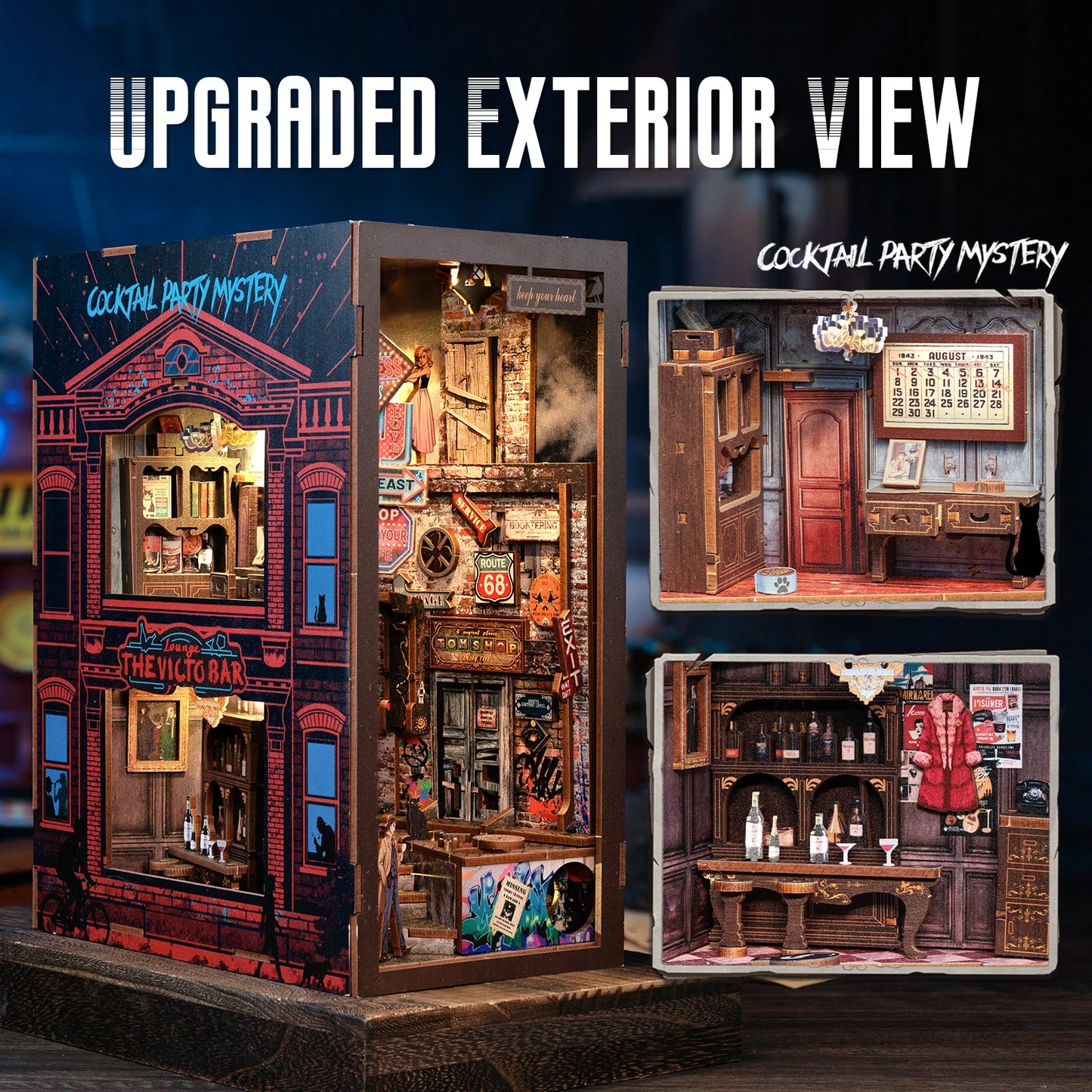 CUTEBEE DIY Book Nook Kit The Long Goodbye Detective Series Miniature Dollhouse with LED Light Dust Cover 3D Wooden Puzzle Books