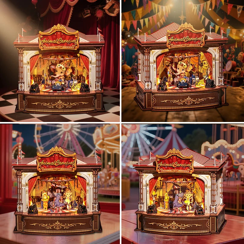 CUTEBEE DIY Miniature House Kit Wooden Music Box Handmade Dollhouse Animal Carnival  for Bookshelf Insert Home Decoration