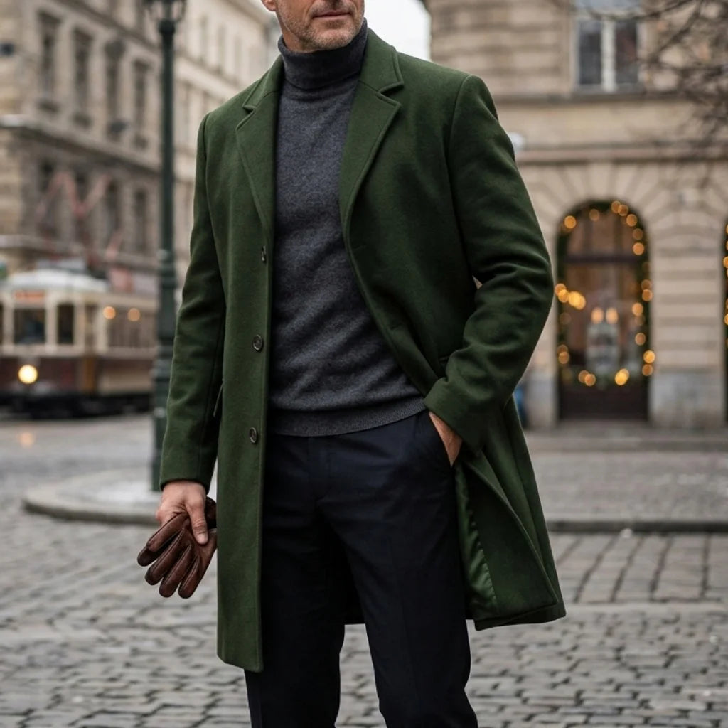 Winter Men's Wool Blend Trench Classic Single-Breasted Business Casual Outerwear Street Overknee Coat Windproof Lined Office