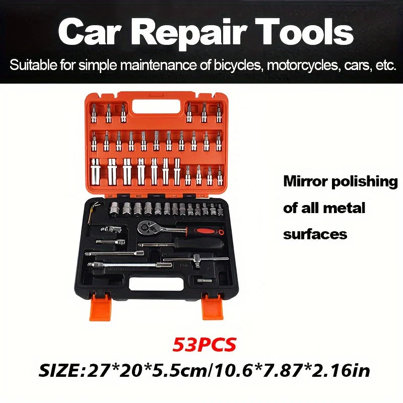 53-Piece Car Repair Tool Set with Sockets and Case, Steel Construction, for Street-Touring Motorcycles and Vehicle Maintenance