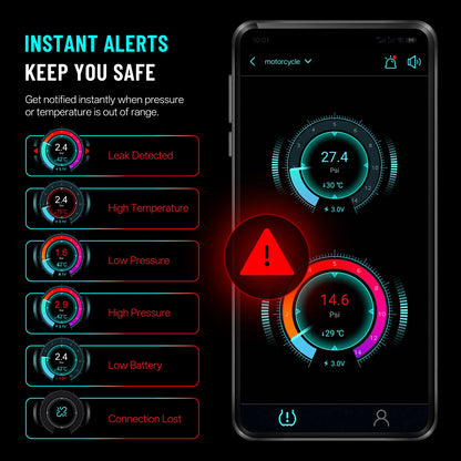 Motorcycle TPMS, Bluetooth 5.0 APP Real-Time Pressure & Temperature Alarm, IP67 Waterproof for Motorbike Scooter ATV