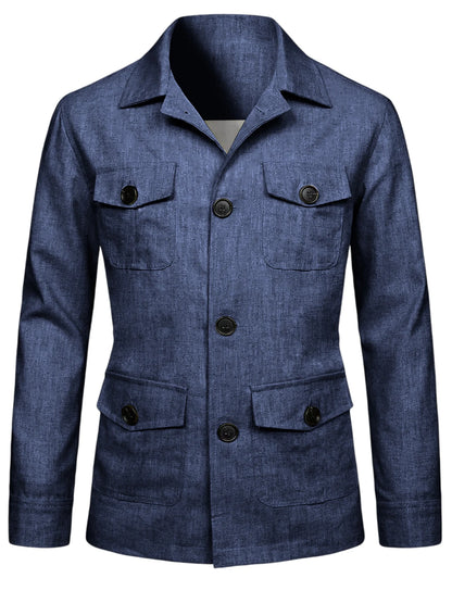 Men's Linen Blend Safari Jacket Retro British Style Multi-Pocket Workwear Coat Business Casual Suit Blazer for Spring Summer