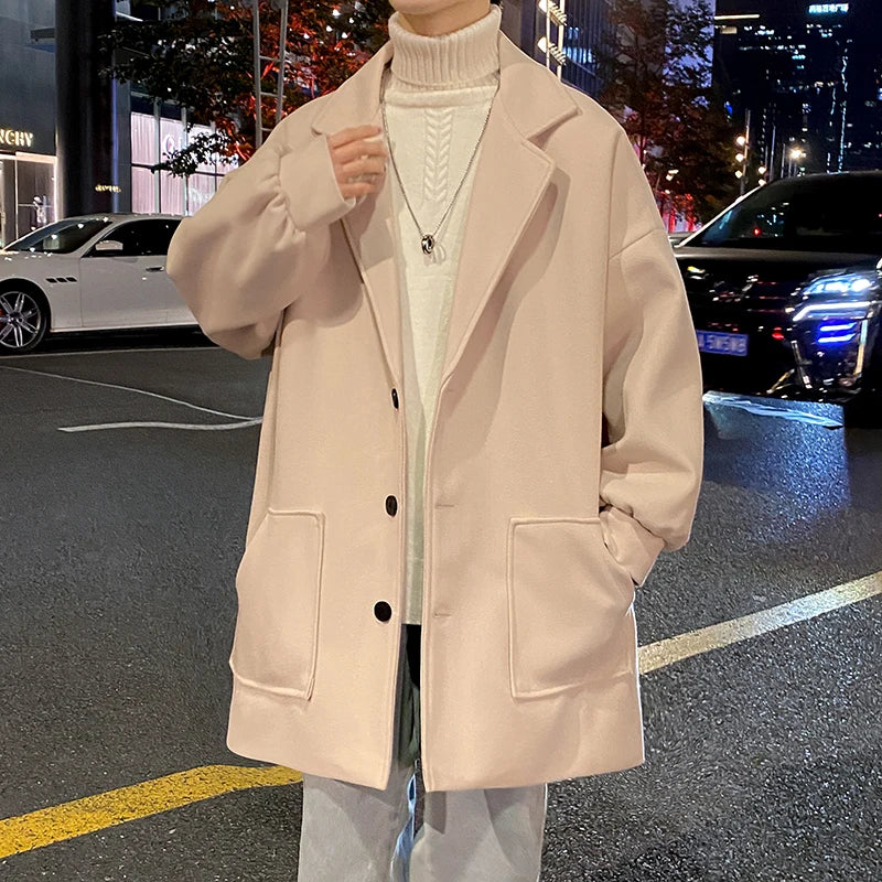 Men's Woolen Coat Autumn Winter Thickened Korean Style Middle-Length Fashionable Jacket Single-Button Pure Color Casual Coat