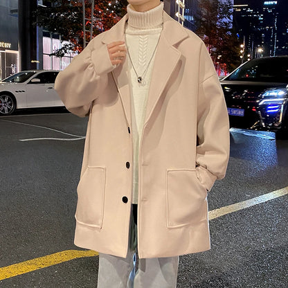 Men's Woolen Coat Autumn Winter Thickened Korean Style Middle-Length Fashionable Jacket Single-Button Pure Color Casual Coat