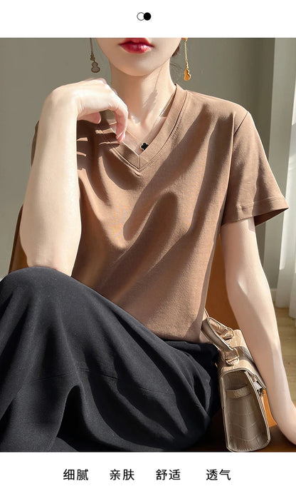 2026 Summer New Pure Cotton V-neck Short-sleeved T-shirt Women's Solid Color Joker Pullover Shirt with Loose Sleeve Bottom Shirt