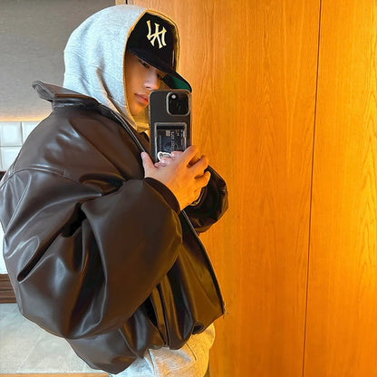 Mauroicardi Spring Autumn Cool Handsome Oversized Short Thickened Warm Soft Black Pu Leather Jacket Men Luxury Designer Clothes