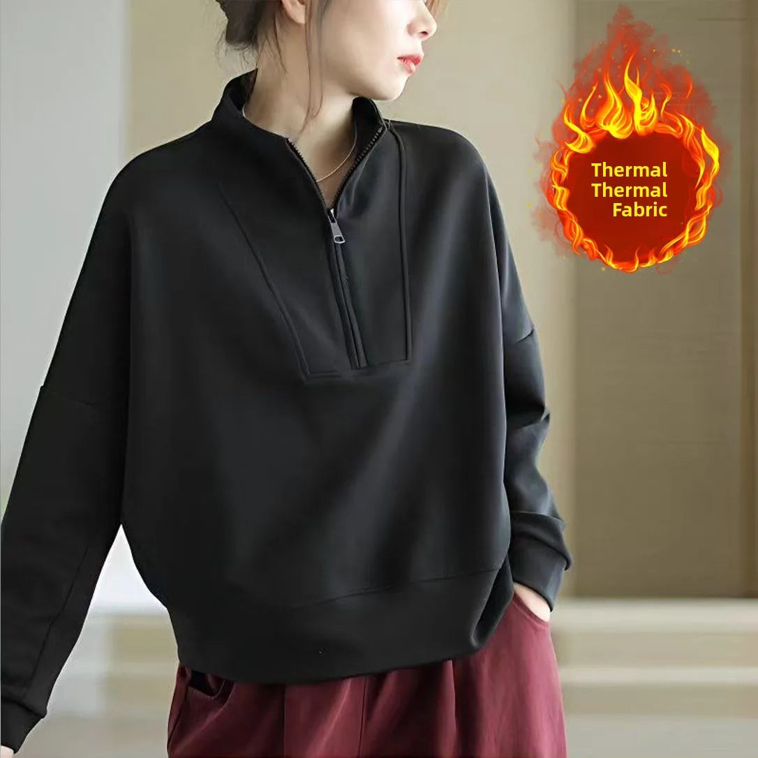 Autumn Winter Hoodie Women Loose Fit Long Sleeve Zipper Stand Collar Casual Slimming Sweatshirt Comfortable Soft Polyester